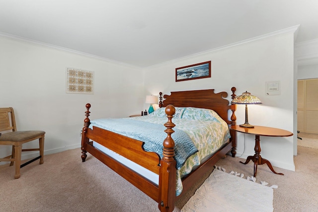 carpeted bedroom featuring crown molding