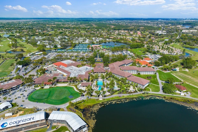 drone / aerial view with a water view