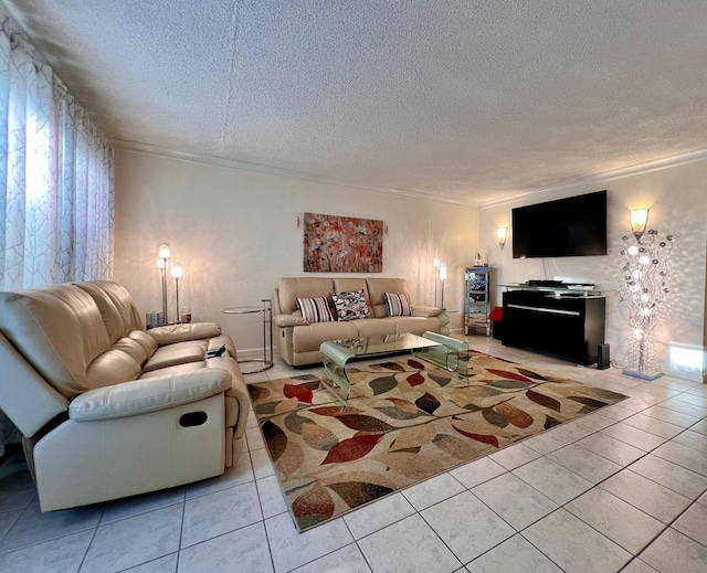 living room with a textured ceiling, crown molding, and light tile patterned flooring