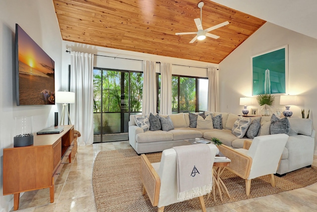 living room with ceiling fan, high vaulted ceiling, and wooden ceiling