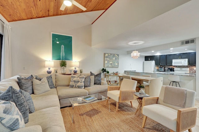 living room featuring ceiling fan and wood ceiling