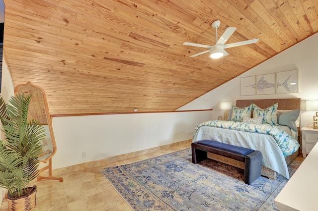 bedroom with ceiling fan, wood ceiling, light tile patterned floors, and lofted ceiling