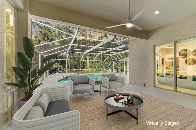 view of patio / terrace with glass enclosure, a pool with hot tub, and an outdoor living space