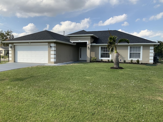 ranch-style house with a garage, driveway, a front lawn, and stucco siding