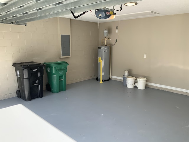 garage featuring concrete block wall, a garage door opener, water heater, electric panel, and baseboards