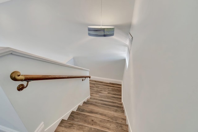 staircase with hardwood / wood-style floors