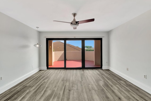 empty room with ceiling fan and light hardwood / wood-style flooring