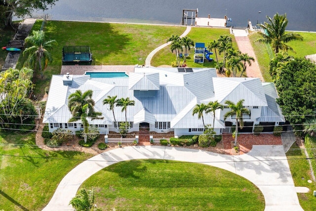 drone / aerial view with a water view