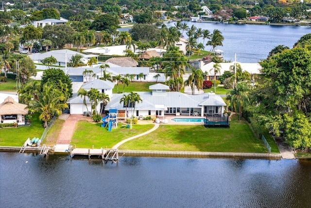 aerial view featuring a water view