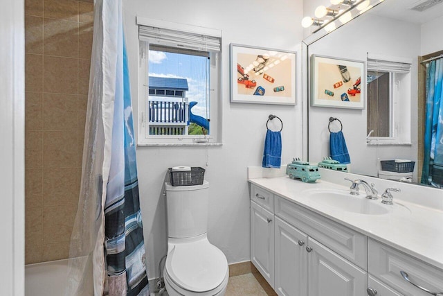 full bathroom with toilet, vanity, and shower / bathtub combination with curtain