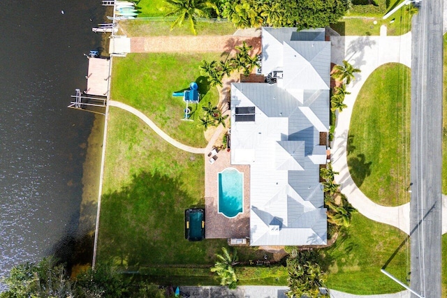 drone / aerial view featuring a water view