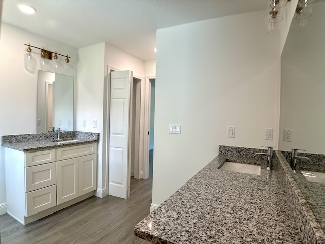 bathroom with vanity and hardwood / wood-style flooring