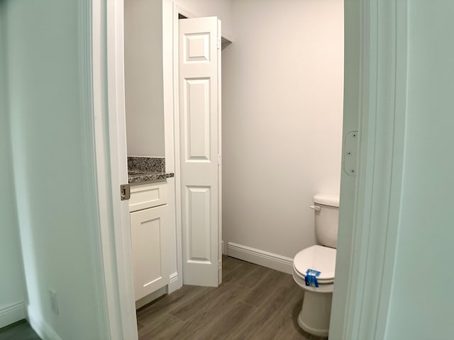 bathroom with vanity, toilet, and wood-type flooring