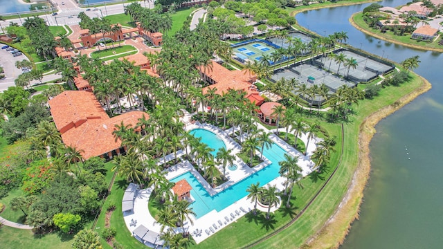 bird's eye view with a water view