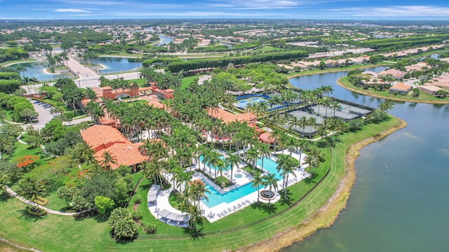 drone / aerial view featuring a water view