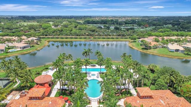 aerial view featuring a water view