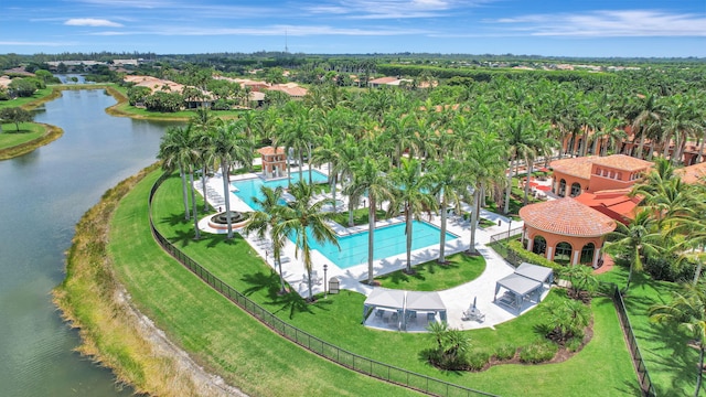 drone / aerial view featuring a water view