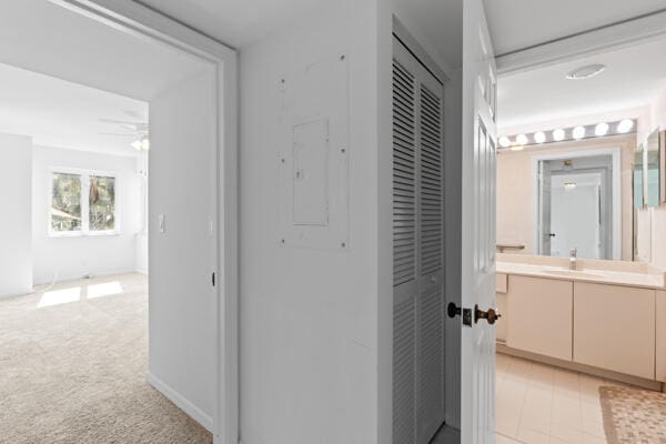 hall featuring light carpet and sink