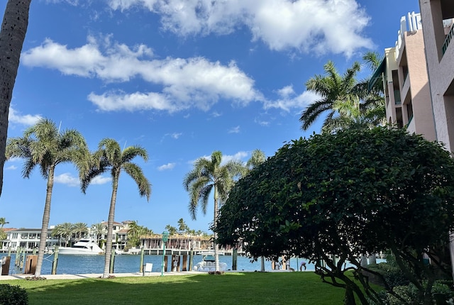 view of community featuring a boat dock, a water view, and a lawn