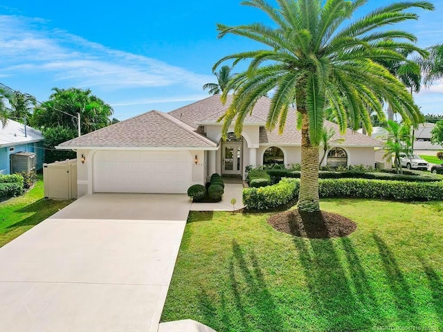 view of front of home with a garage and a front lawn