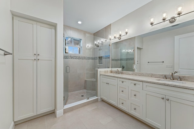 bathroom with tile patterned floors, vanity, and walk in shower