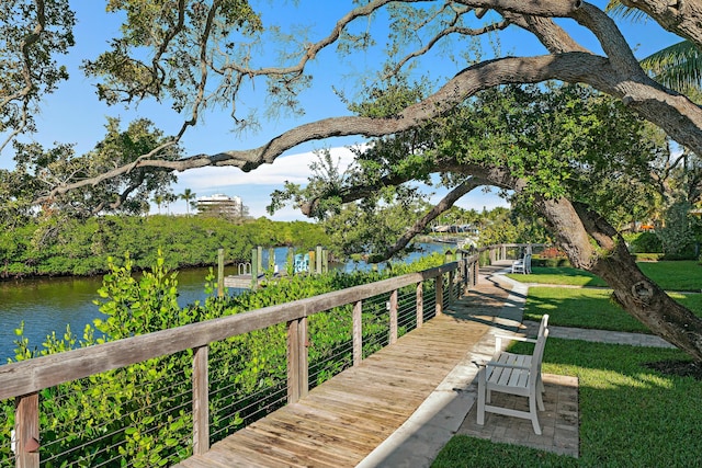 view of property's community with a water view and a yard