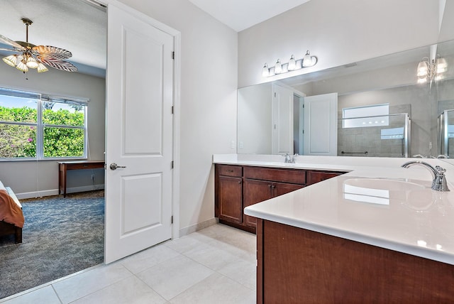 bathroom featuring vanity, tile patterned floors, an enclosed shower, and ceiling fan