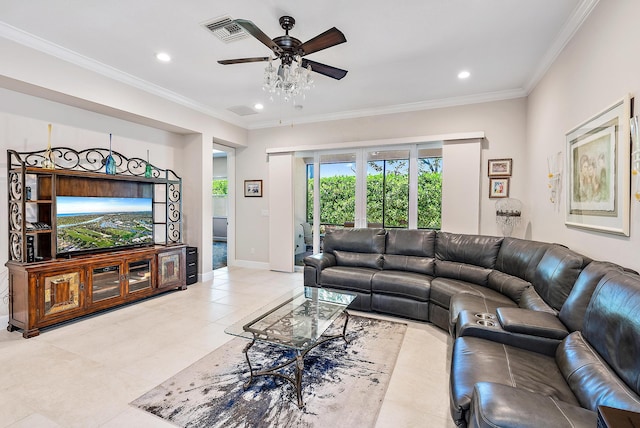 tiled living room featuring ceiling fan and ornamental molding