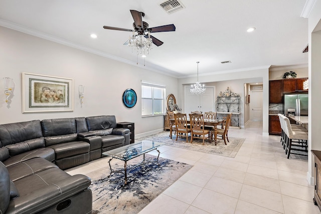 living room featuring crown molding, light tile patterned floors, and ceiling fan with notable chandelier