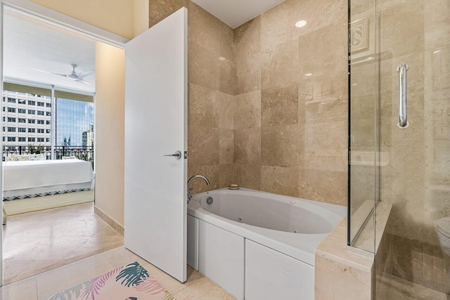 bathroom featuring tile patterned flooring, shower with separate bathtub, and ceiling fan