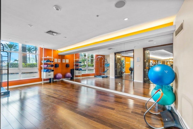 exercise area featuring hardwood / wood-style flooring