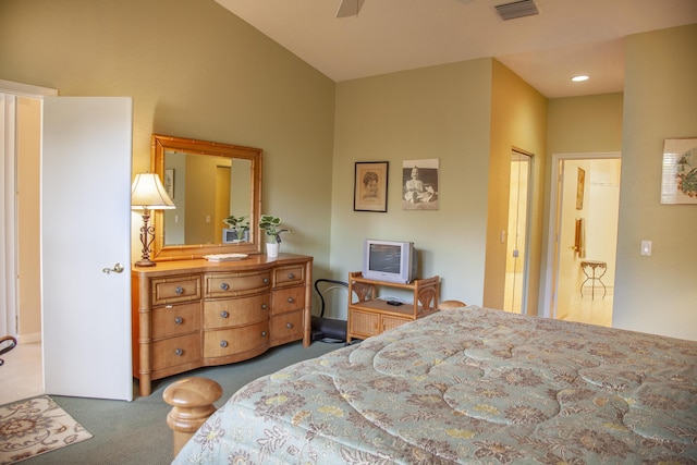 bedroom featuring ceiling fan and carpet floors