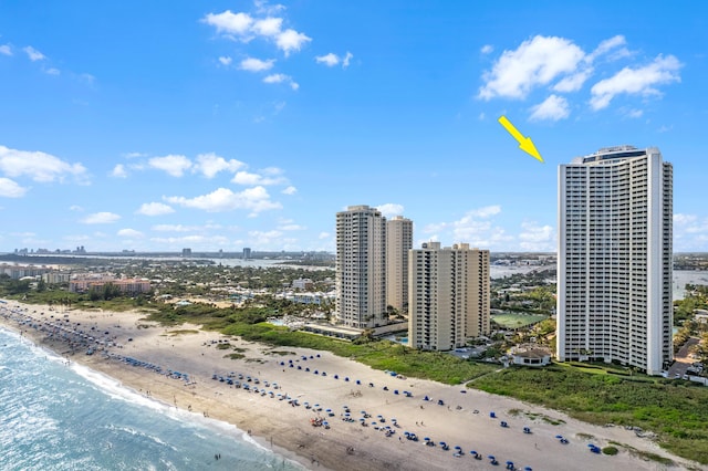 bird's eye view with a water view and a view of the beach