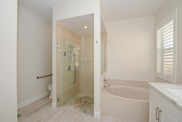 full bathroom with toilet, vanity, and shower with separate bathtub