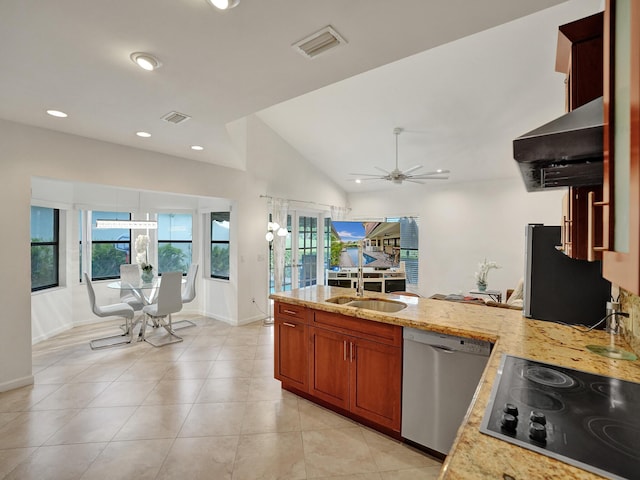 kitchen with dishwasher, sink, vaulted ceiling, ceiling fan, and black electric cooktop