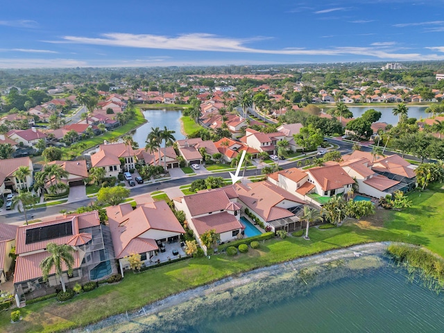 drone / aerial view featuring a water view