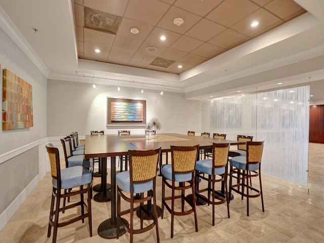 bar with track lighting, crown molding, and a tray ceiling