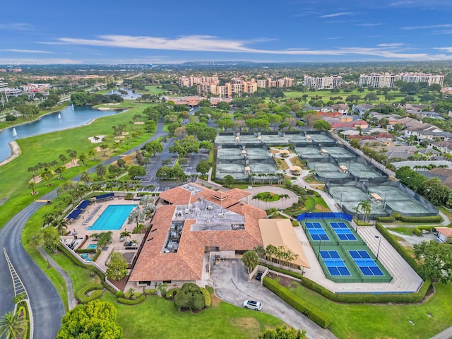 drone / aerial view featuring a water view