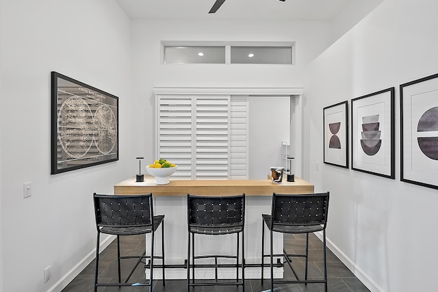 bar featuring ceiling fan and wooden counters