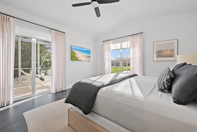 bedroom with ceiling fan, lofted ceiling, and access to outside