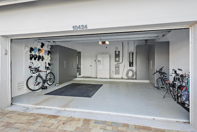 garage featuring electric panel and a garage door opener