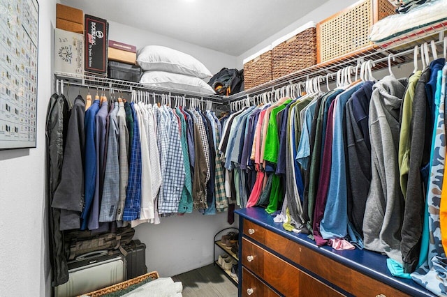 walk in closet with wood finished floors