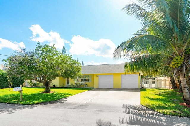 view of front of house with a garage, concrete driveway, fence, a front lawn, and stucco siding