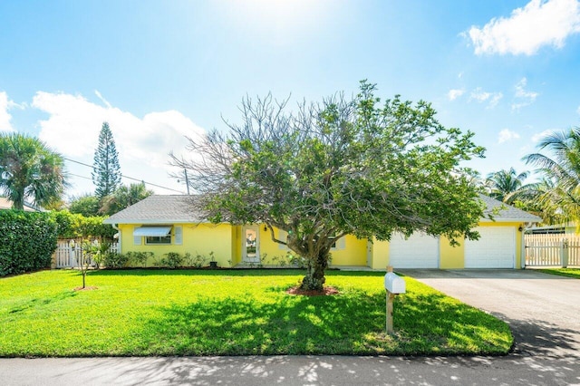 view of front of home featuring stucco siding, fence, concrete driveway, and a front yard