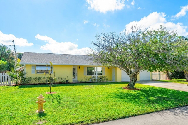 ranch-style home with a front lawn, an attached garage, fence, and stucco siding