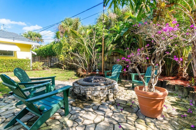 view of patio / terrace featuring an outdoor fire pit and a fenced backyard