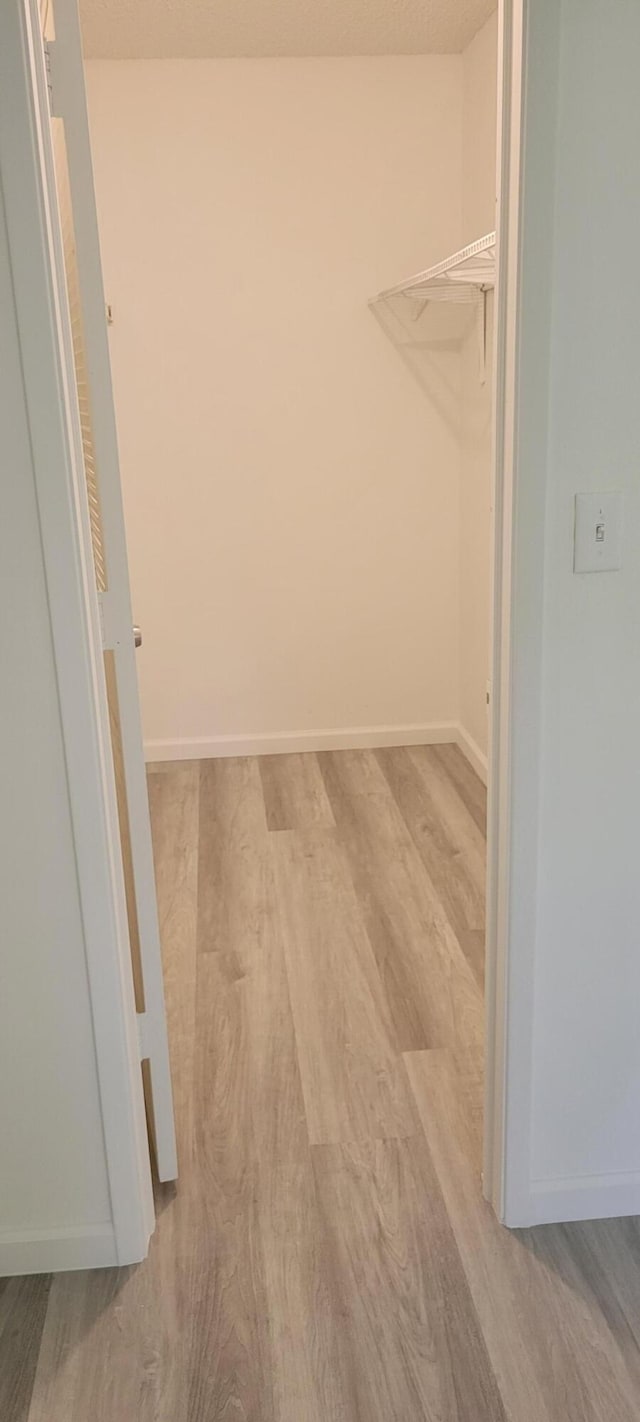 walk in closet with light hardwood / wood-style floors