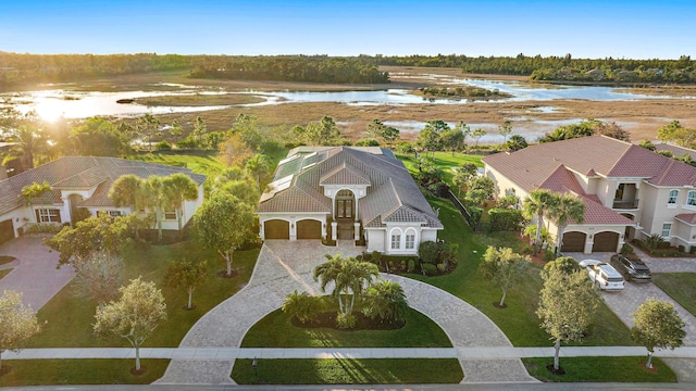 aerial view featuring a water view