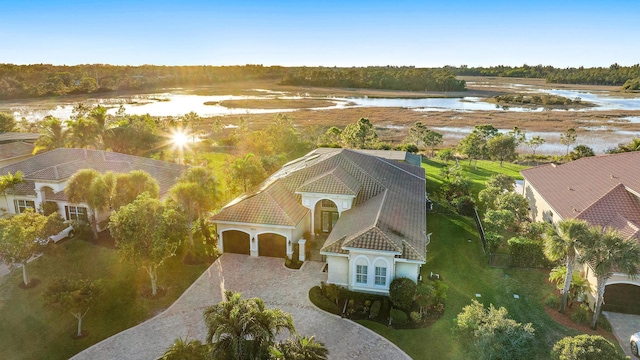 drone / aerial view featuring a water view