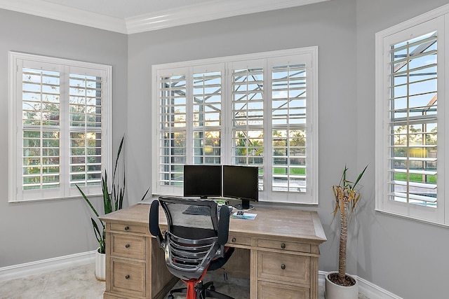 home office featuring ornamental molding and plenty of natural light